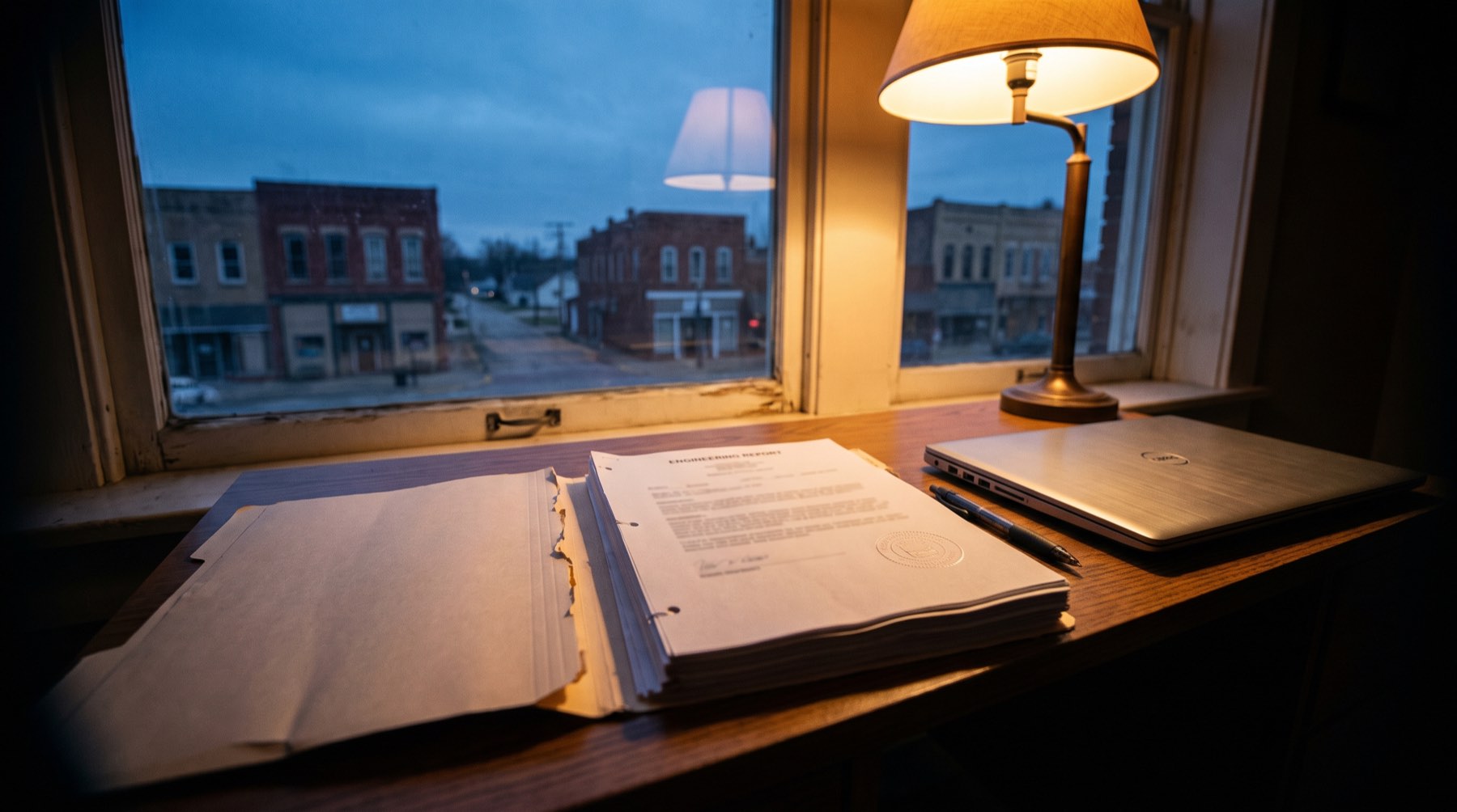 A sealed engineering report in an open folder on a desk beside a lamp and a laptop