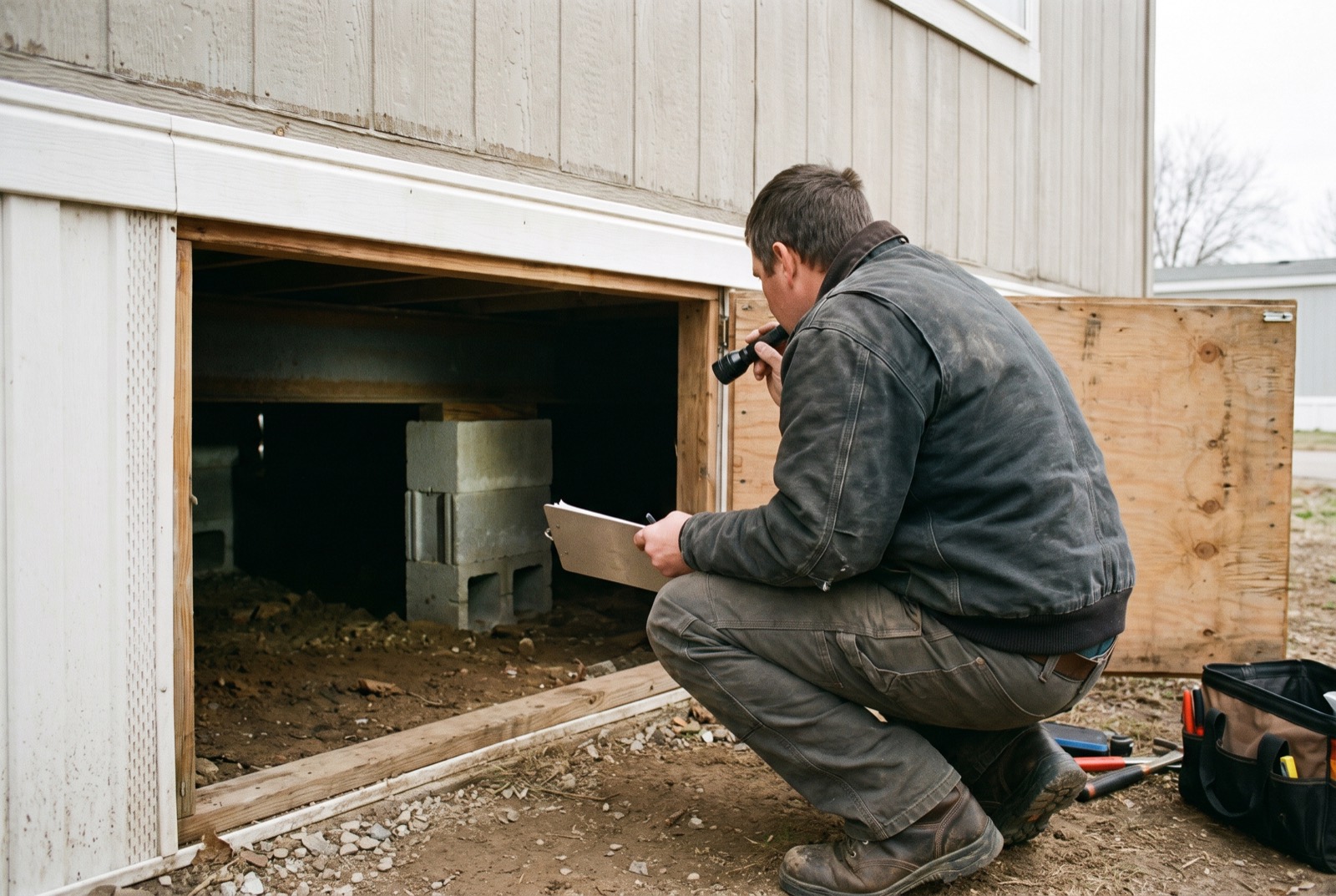 An engineer with a clipboard and flashlight at the crawl space access of a manufactured home
