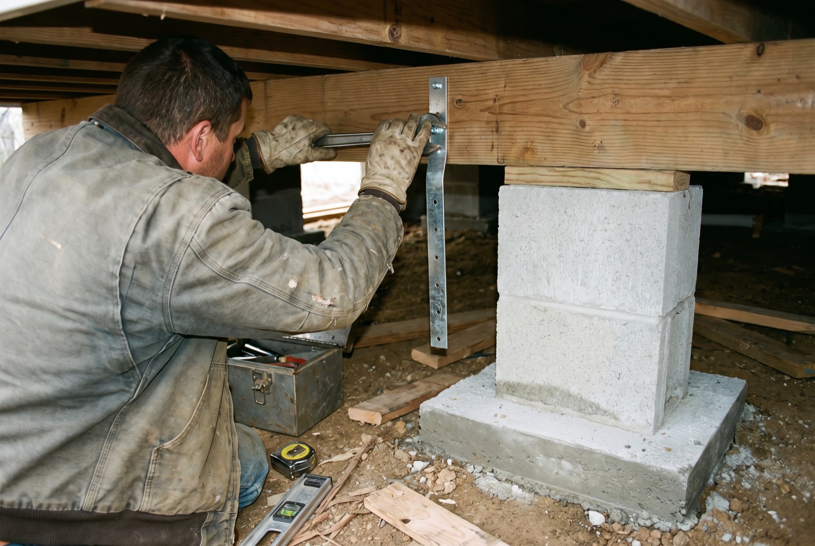A contractor tightening a new anchor strap under a manufactured home