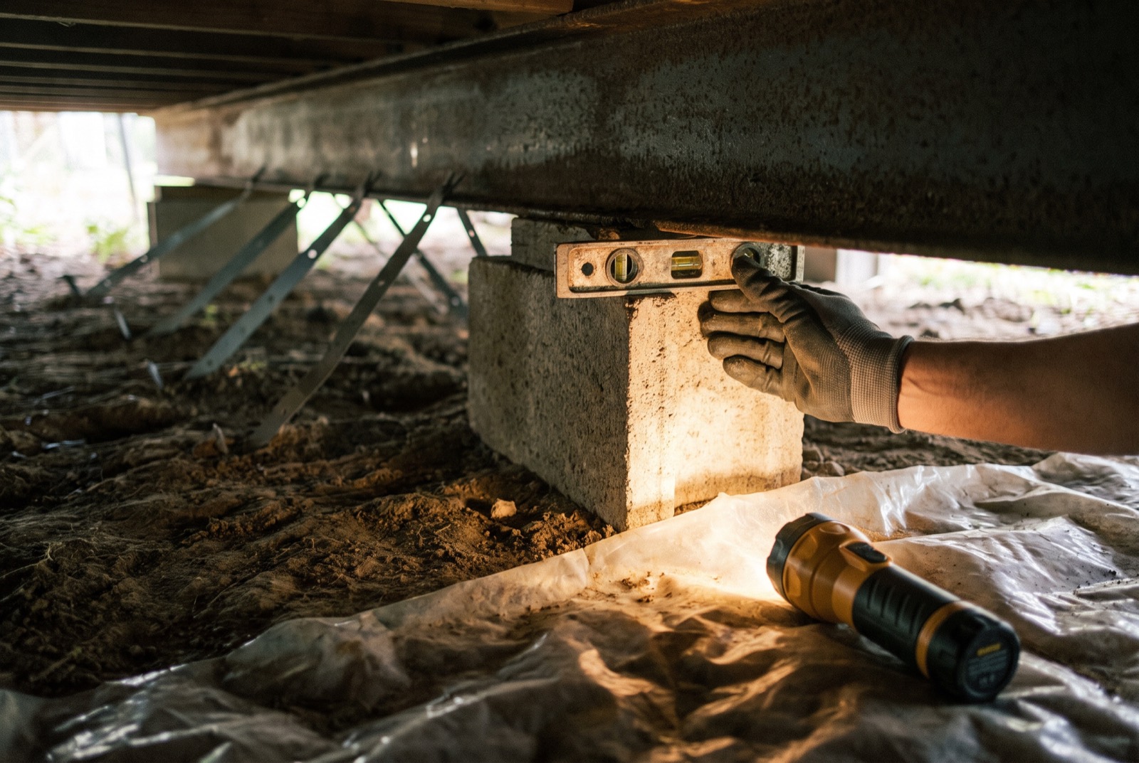 A level held against a block pier under the steel frame of a manufactured home